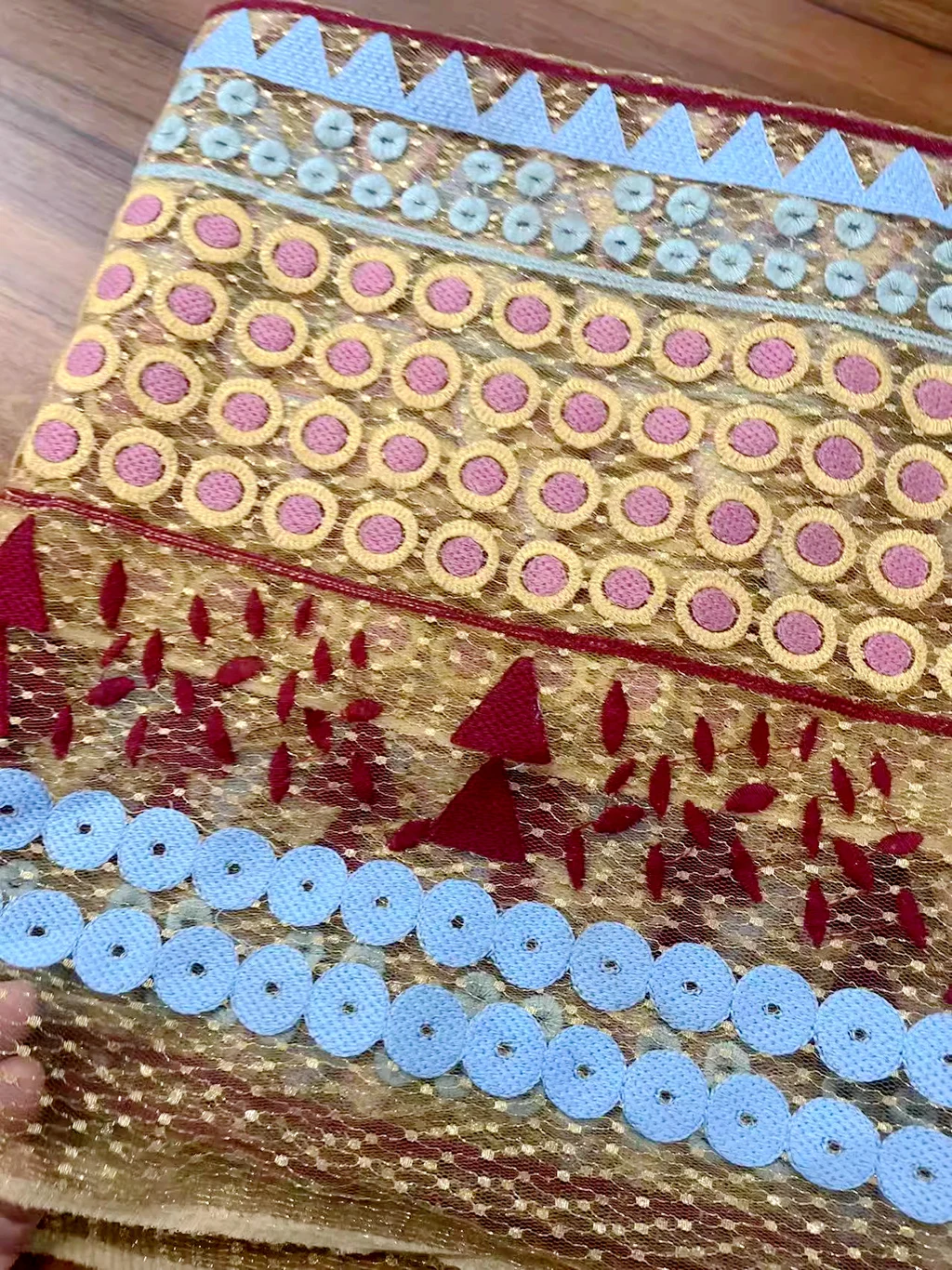 LASUI 3 yards high quality colorful bohemian heavy embroidery Gold mesh weave lace fabric DIY wedding dress X0588