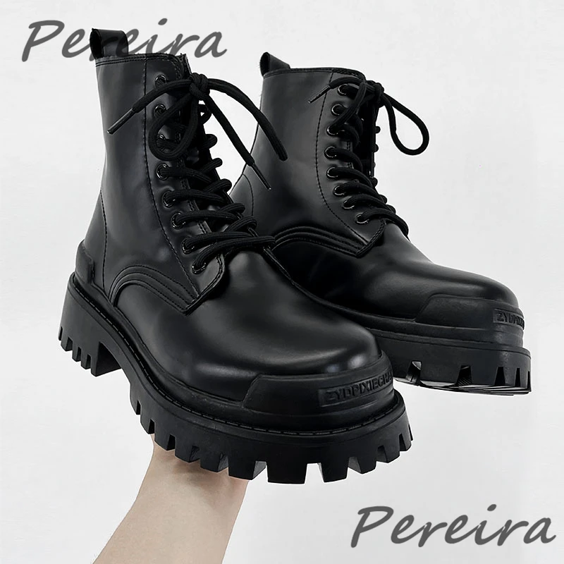 

British Style Genuine Leather Men's Boots Black Round Toe Thick Soled Motorcycle Boots Fashion Chunky Platform Lace-Up Men Shoes