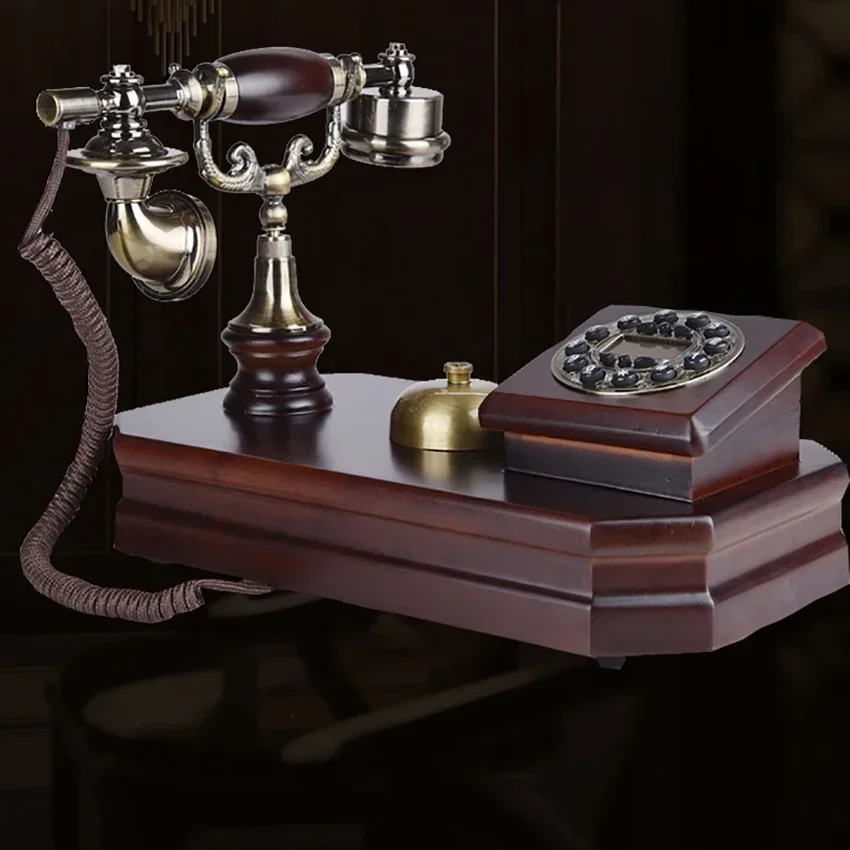 Wooden Retro Desk Phone Vintage Single Landline Telephone with Push Button Numbers, Caller ID, Decoration Telephone for Home