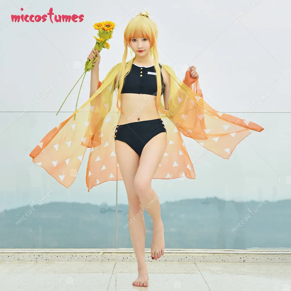 Haikyuu  Zenitsu Agatsuma Cosplay Two Piece Beach Swimsuit V Neck High Waist Lace Up Bathing Suit Swimwear Kimono Cover Up