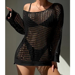 Knitting Loose Swimsuit Cover-Ups Sexy Hollow Out Round Collar Top Women Summer Beach Holiday Fashion Sunscreen Smock Top
