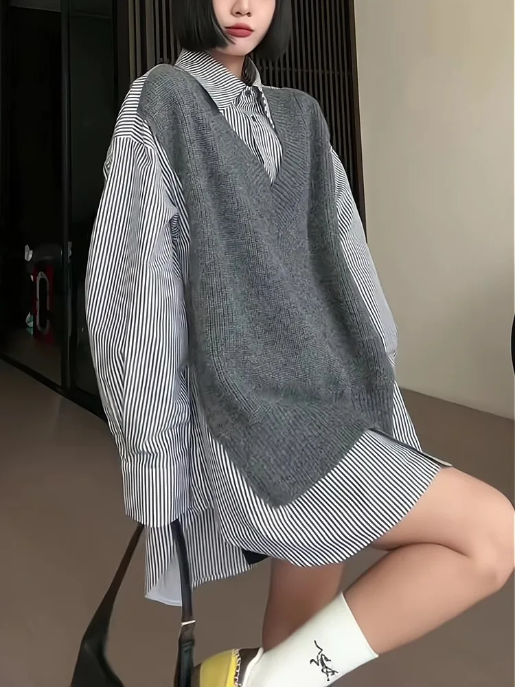 

Elegant Grey Knitted Stripe Shirt Women's Inner Wear Base Layer Top Autumn Winter Design Sense Loose Fit Long Sleeve Button up