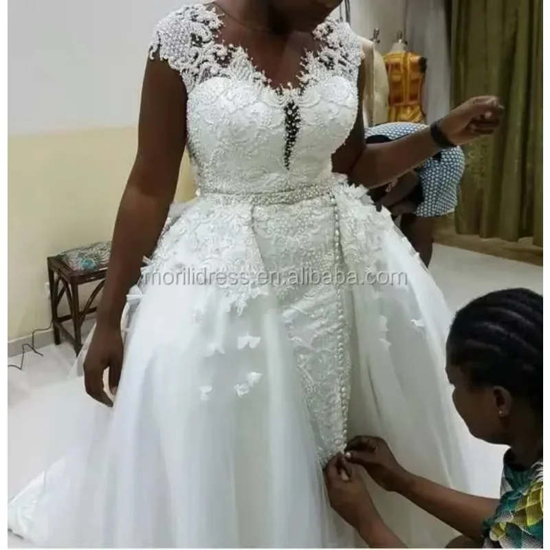 

Customized Vestidos De Novia African Handwork Sheer Neck Plus Size Bridal Lace Wedding Dresses Detachable Train