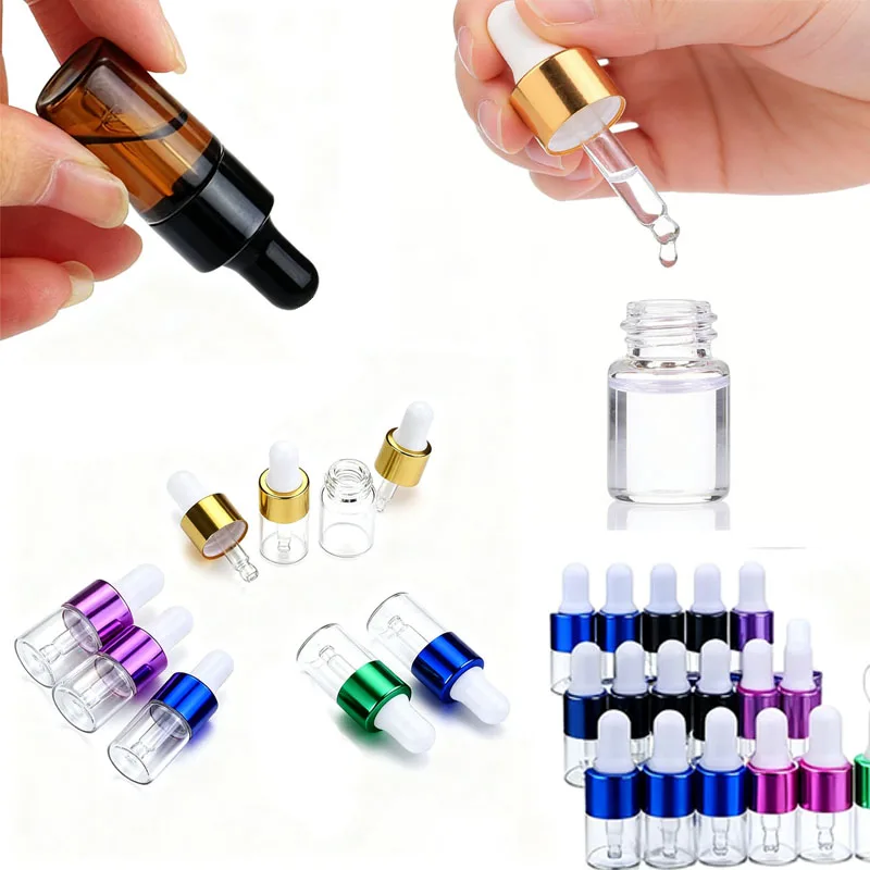 50個入り、1ml～5mlの空のガラス製ドロッパーボトル。ミニサイズのエッセンシャルオイル用ドロッパーボトル。サンプル、化粧品、香水、ローション、アロマテラピー用。