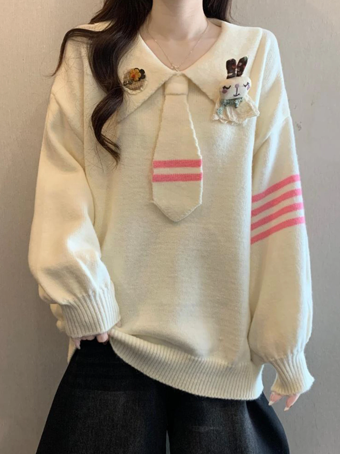 

Fun Cartoon Knitted Sweater Collar Loose Women's Outerwear Autumn Winter plus Size Slimming Top Comfortable Casual Sle