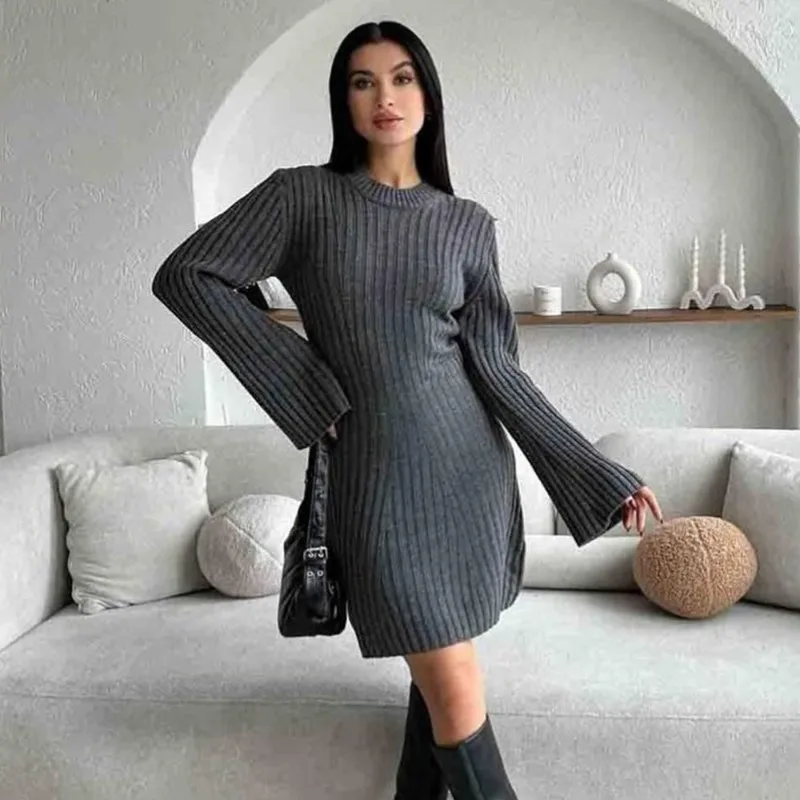 

Talenza Elegant Knitted Dress Women's New Solid Bottoming Sweater Dress O-neck Long Sleeve Slim Retro High Waist Dress Robe 2024