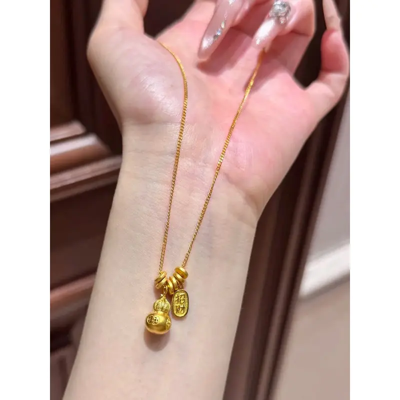 24k 999 gold small lucky gourd pendant for women, light luxury high-end necklace, gift for girlfriend