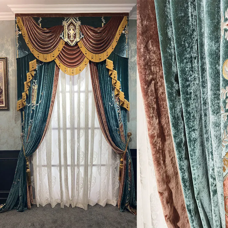 Custom Upscale European velvet living room floor bay window dark green cloth valance blackout curtain tulle drape C2048