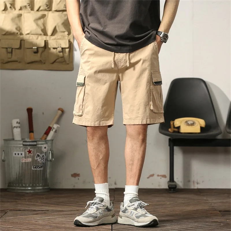 Men's Cargo Shorts Multi-Pocket Drawstring Waist Cotton Casual Summer Knee-Length Work Shorts