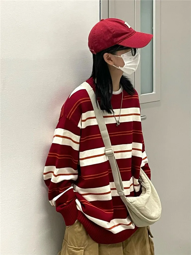 New Women Stripe Sweater Autumn Winter Loose Long Sleeve Pullover Tops Korean Ladies Knitted Patchwork Korean Sweaters