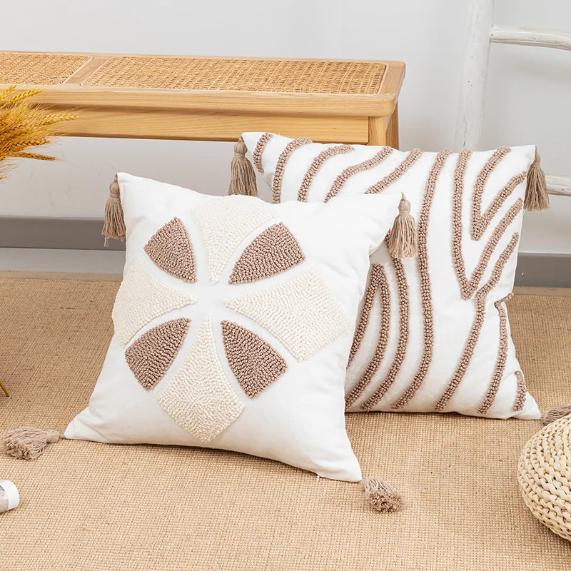 Premium 45x45cm Tufted Geometric Stripe Cushion Cover Khaki Grey Cotton Canvas Circle Embroidery Modern Decorative Pillow Case
