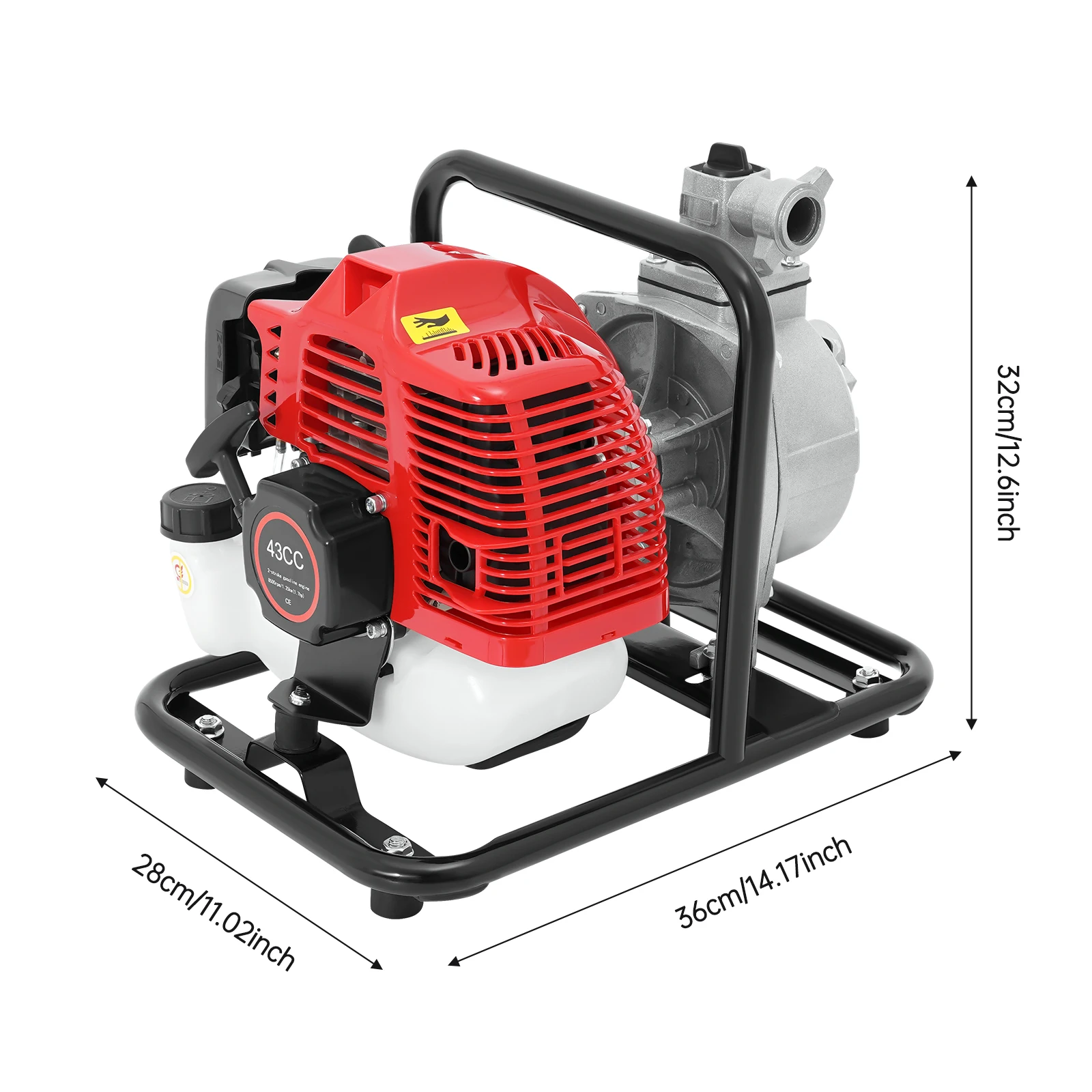 Draagbare gasaangedreven waterpomp, 43cc 1,25KW 2-takt motor, 10m³/h debiet voor landbouw irrigatie & drainage, 26ft zuigafstand, 98ft opvoerhoogte