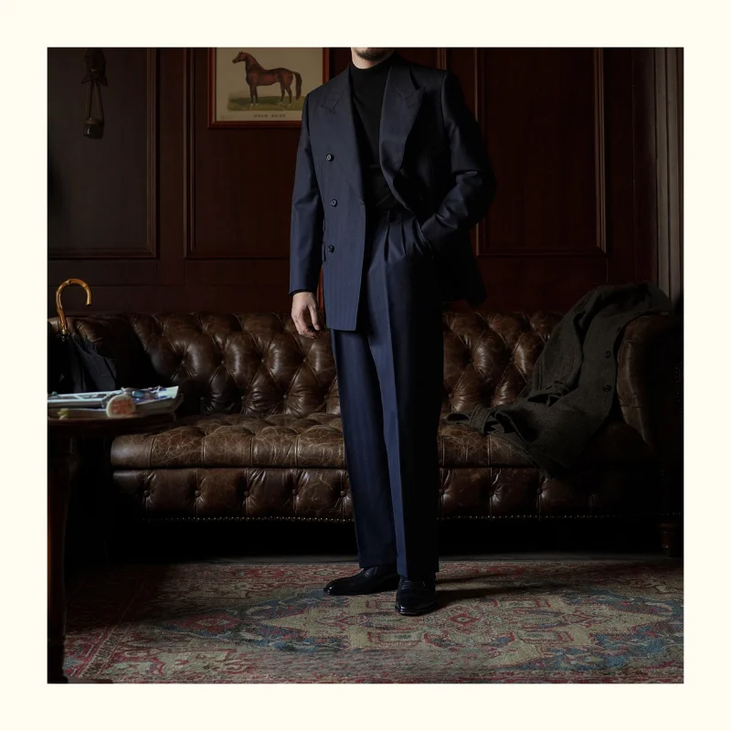 

Британский двубортный костюм в стиле ретро с узором «ёлочка», темно-синий деловой костюм