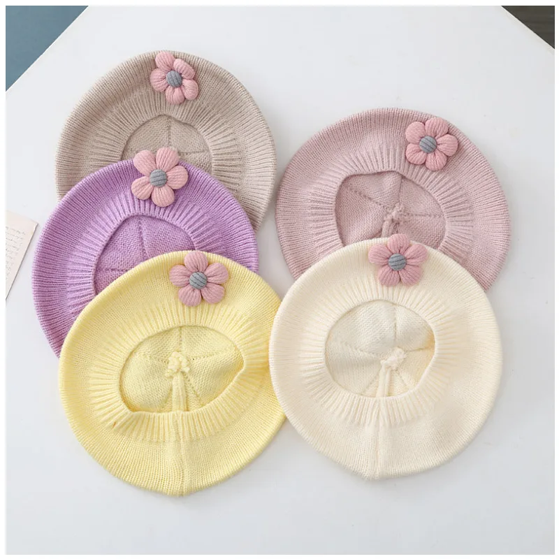 Baby Hat Solid Color Flower Baby Beret Hat Winter Warm Knitted Beanie Cap for Infant Girls Toddler Princess Artist Painter Caps