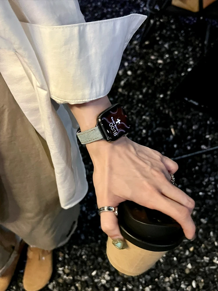 Denim magnetik gelang untuk Apple Watch, Ultra 44mm 45mm 49mm 40mm 42mm 38mm tali gelang kulit untuk iWatch seri 9 7 8 6 5 4 SE