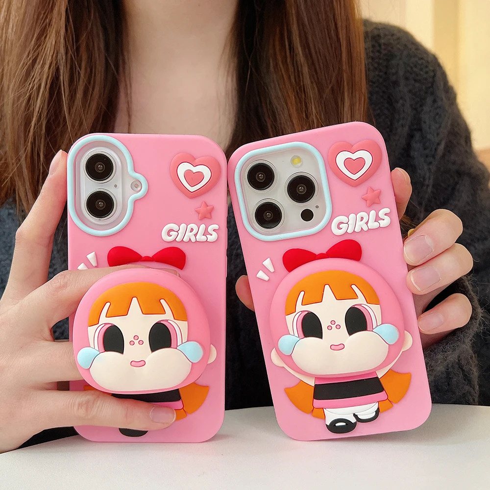 POP CRYBABY The Powerpuff Girls Case Soft Silicone Cover With Stand Holder for iPhone 11 12 13 14 15 16 Plus Pro Max