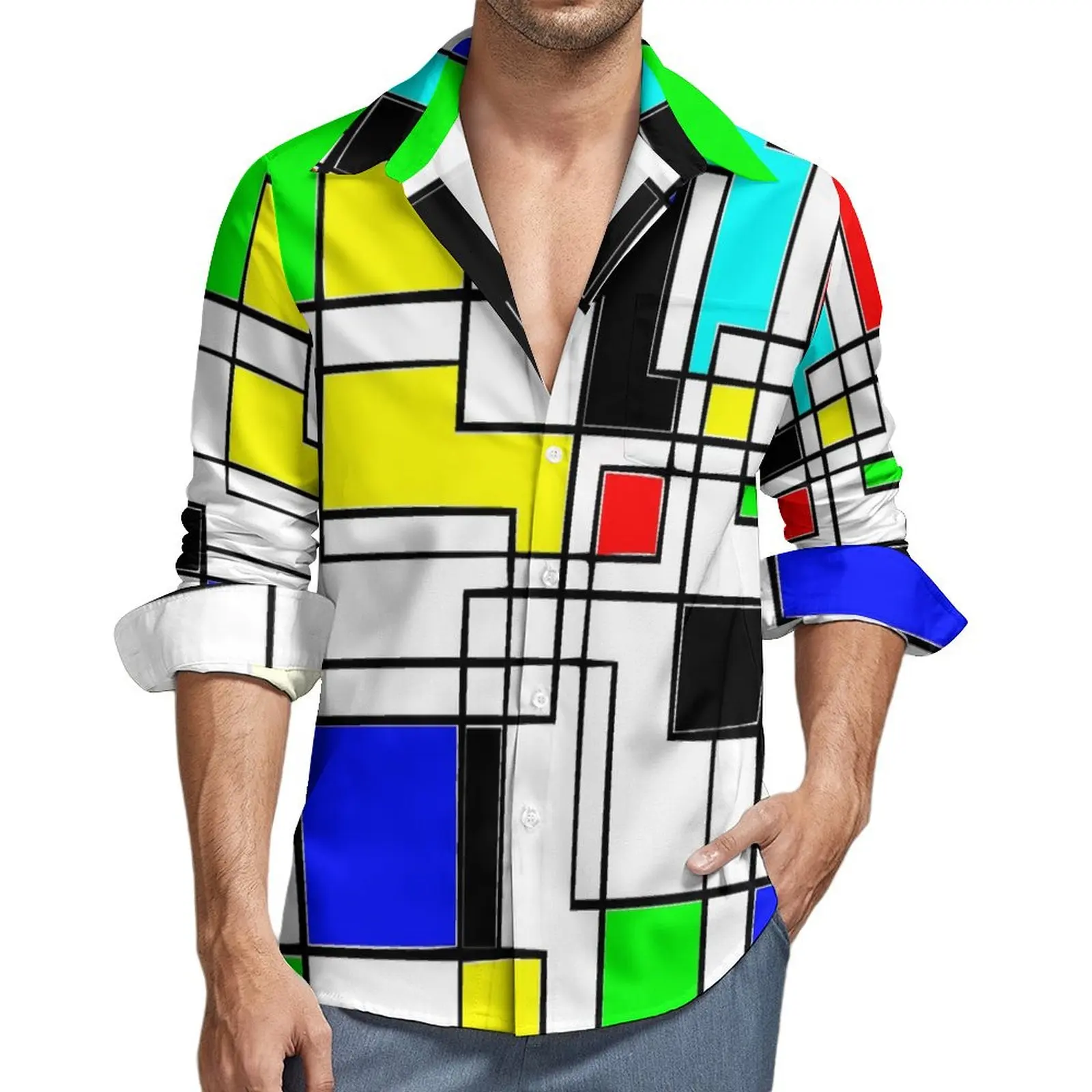 De Stijl-Chemise à Carrés Aléatoires pour Homme, Chemisier Surdimensionné, Manches sulf, Élégant, Imprimé, Rue, Design, Haut, Cadeau, Automne, Y2K