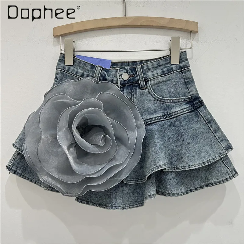 2024 Summer Women's 3D Mesh Floral Denim Skirts Falbala High Waist Mini Skirt Korean Style Female Trendy Streetwear Solid Color