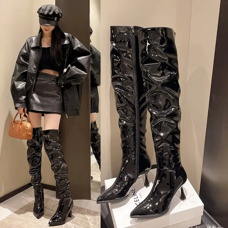 

Black Women Over The Knee Boots High Heels Patent Leather Solid Pointed Toe Stiletto Side Zipper Sapatos Femininos Zipper New