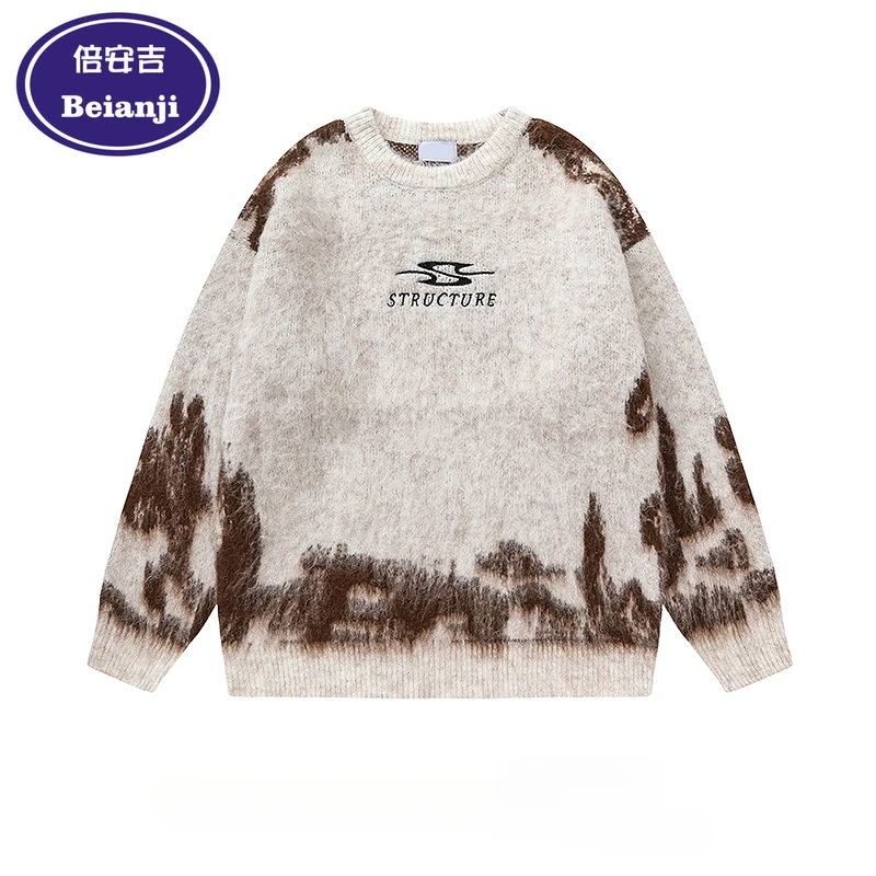 

Beianji Knit vintage tie dye embroidery Fall/Winter Maillard men's design sense niche crew-neck sweater 2024