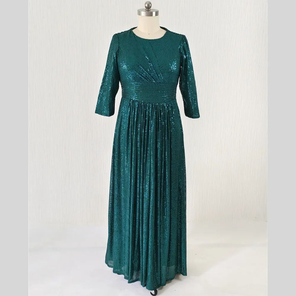 

Real Photo Customized Modest Evening Dress Plus size O-neck 3/4 Sleeves Pleat A-line Floor Length Women Party Formal Gown K004