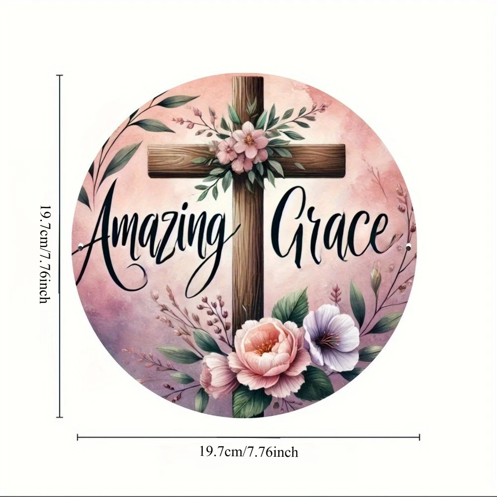 2D Flat,Cross & Floral Metal Tin Sign with Amazing Grace Hymn Lyrics -  Round Aluminum Religious Wall Art for Church, Home Decor