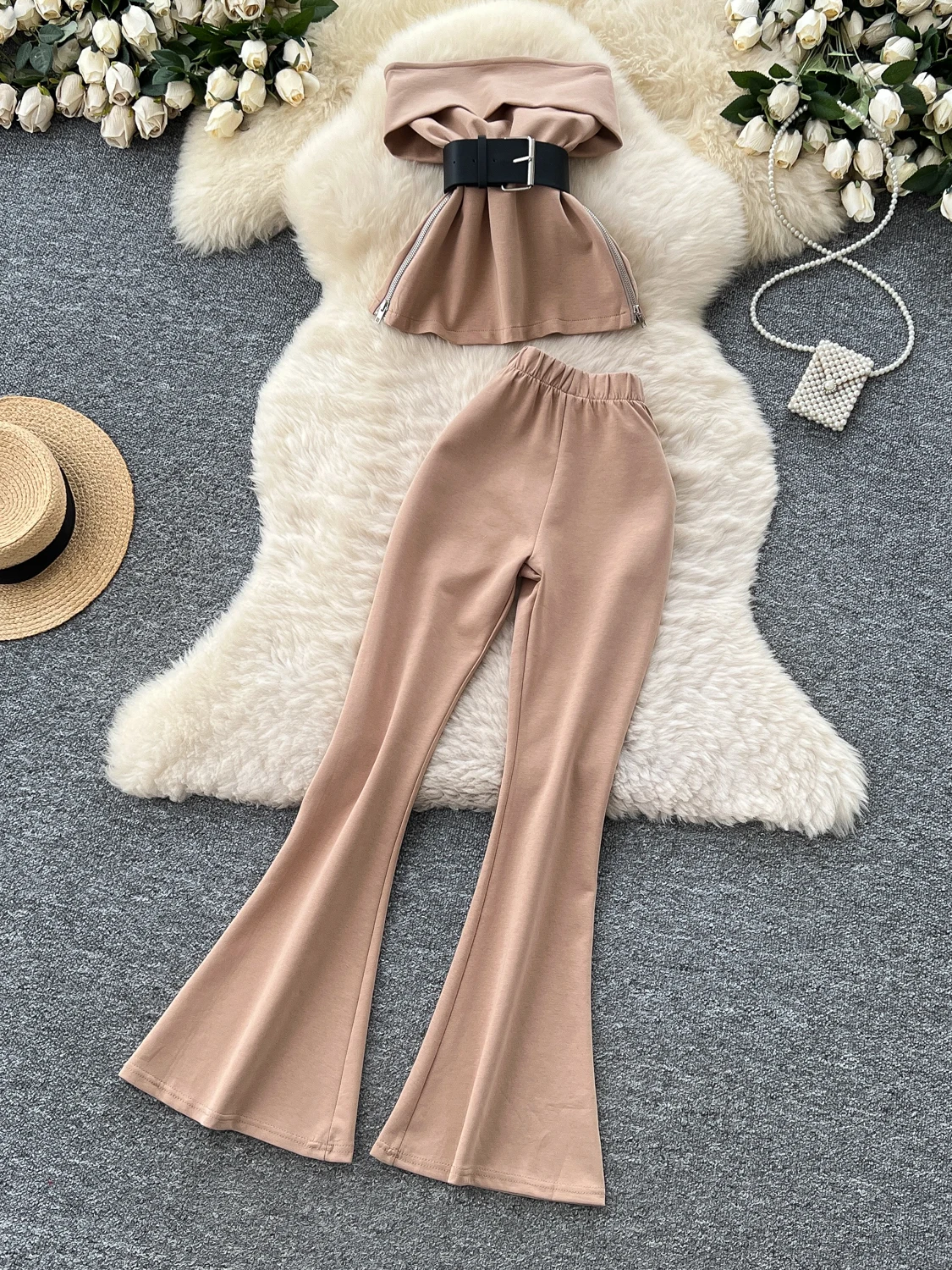 

Faionable Women's Set High Waist Bell Bot Zipper Svel Belted Waist Trendy Outfit Desert Sle Casual Wear