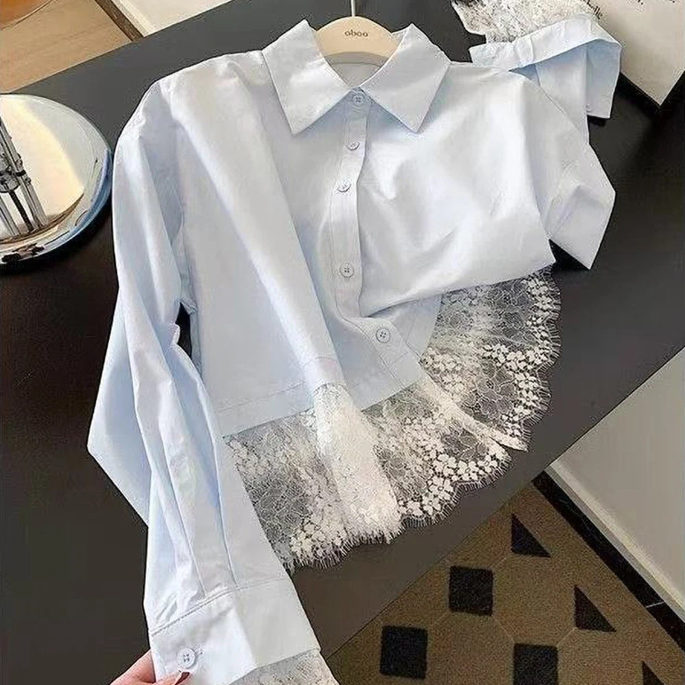 

French Blue Lace Splicing Shirt for Women Fashionable Turn Down Collar Single-breasted Long Sleeve Top Design Sense Loose Blouse