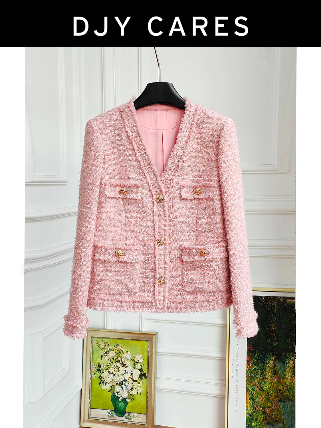 

New Bold tweed V-neck shiny design pink jacket for slimming top big size