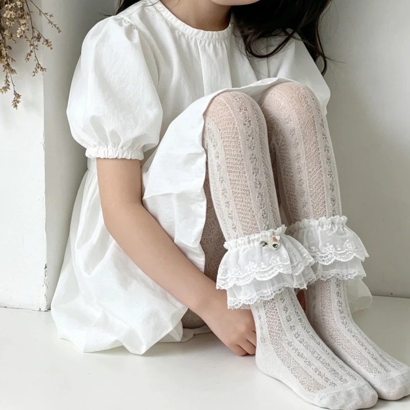 Adorable Children Hollow Mesh Pantyhose Cute Cat Printed Double Layer Lace Edge Ventilated Skin-Friendly Summer Girls Stockings