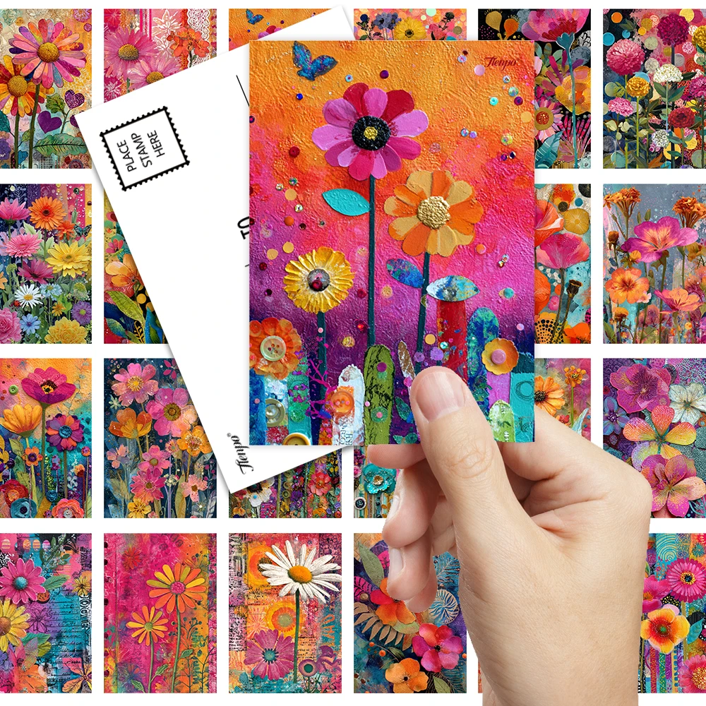 32 Stück Postkarten, farbenfrohe gemischte Medien mit Blumenmotiven, Schlafzimmerdekoration für den Innenbereich, Wandaufkleber, Nachrichtenkarten, Grußkarten, Gedenkpostkarten