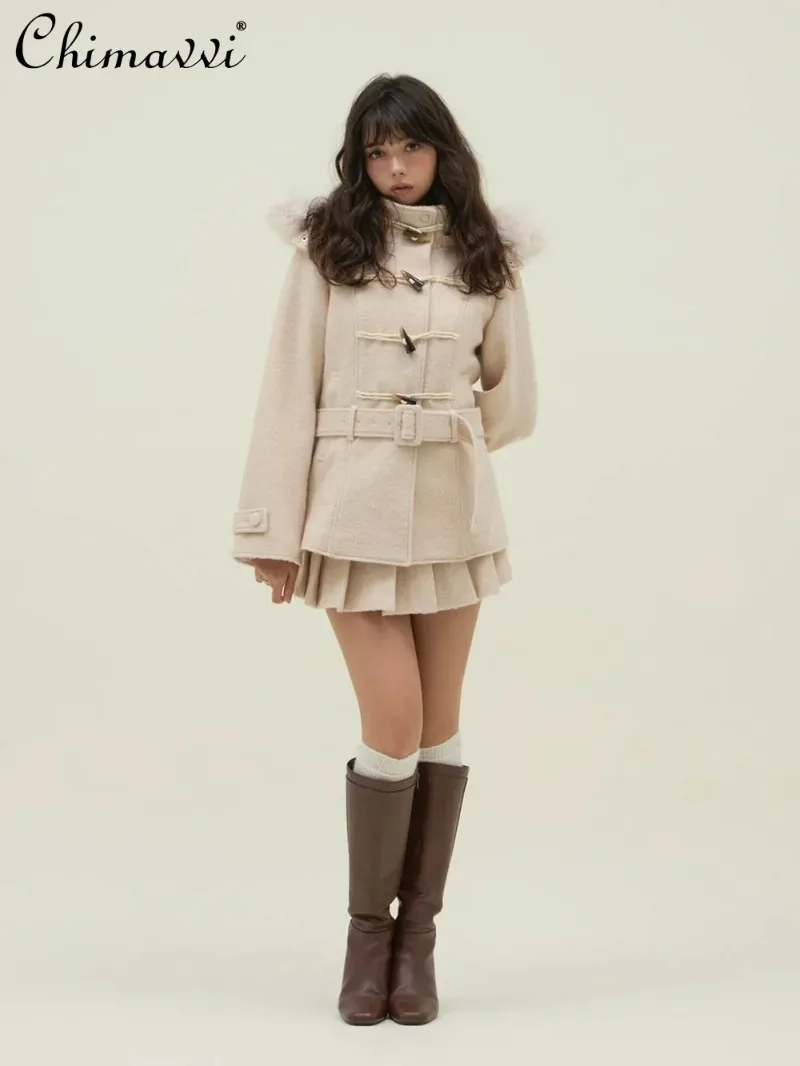 

Japanese College Style Women's Coat Autumn Winter New Fashion Horn Button Woolen Coat Long Sleeve Loose Elegant Hooded Jacket