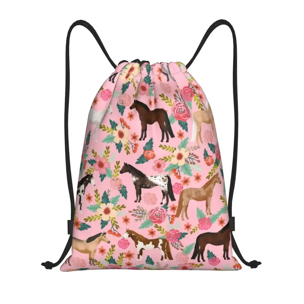 

Horses Floral Drawstring Backpack Women Men Gym Sport Sackpack Foldable Horse Breeds Farm Animal Pets Training Bag Sack