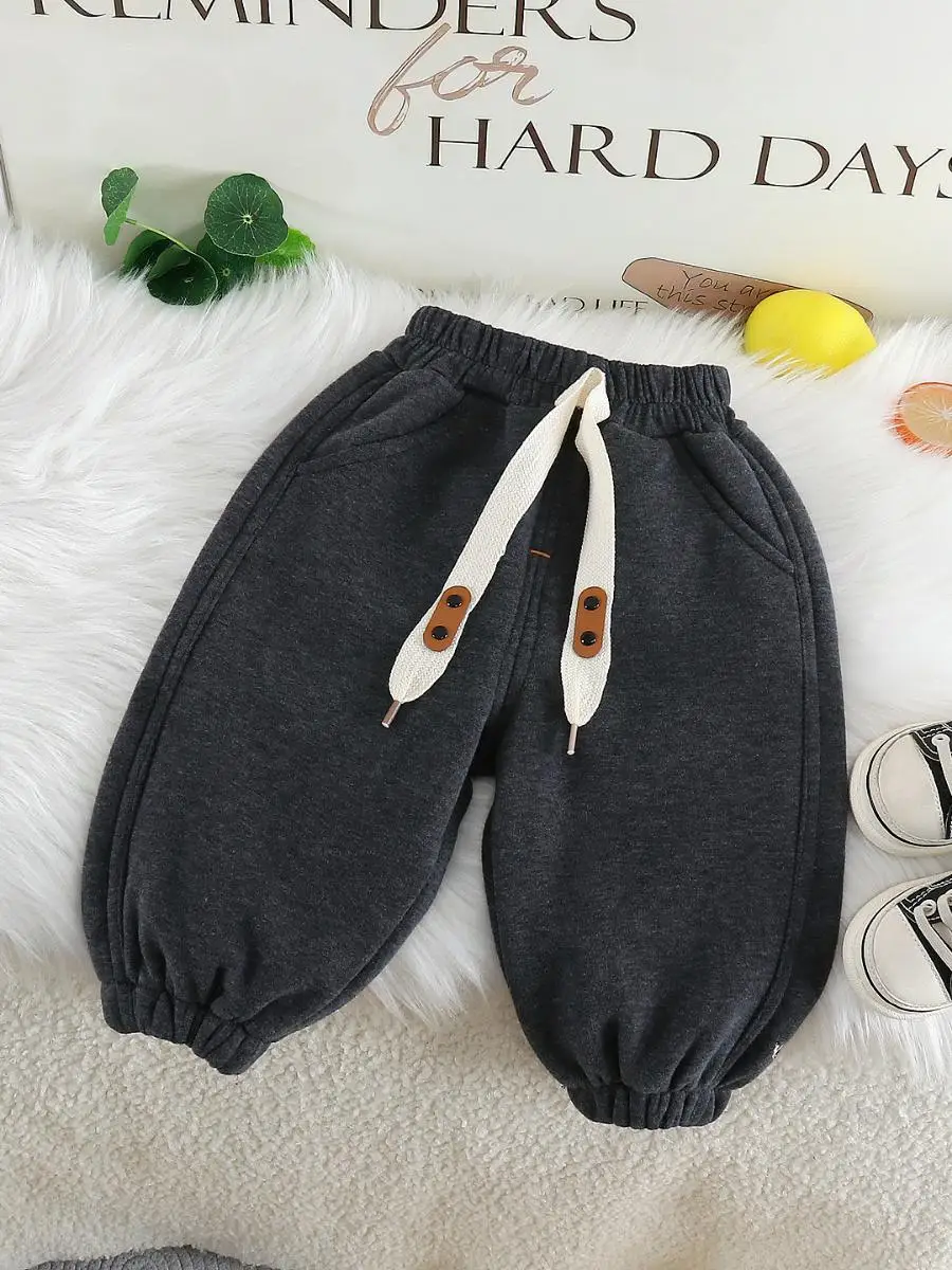 New 2025 Children's Casual Fce Lined Loose Fit Pants ex Pure Color Spor Autumn Winter Kids Trousers without Brand