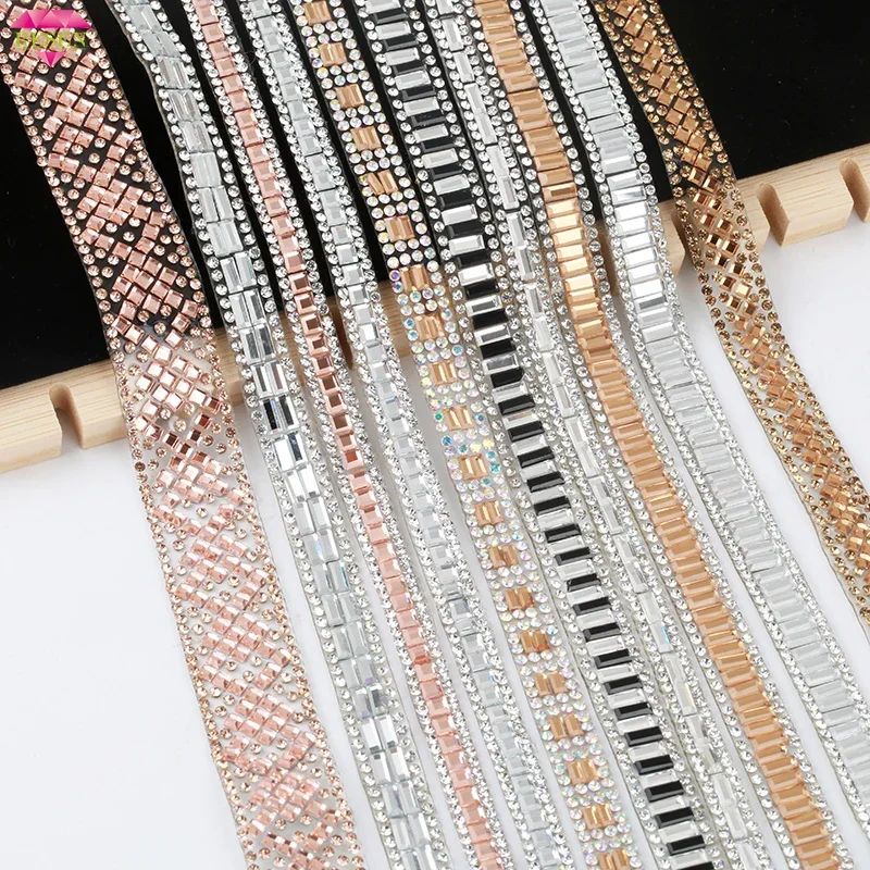 RESEN Mixed Styles Hotfix Rhinestone Tape Trim Glitter Glass Rhinestone Banding Ribbon Trim Iron On Garments Shoes Decoration