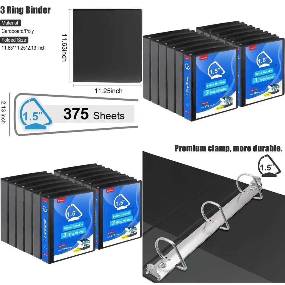 

1.5 3-Ring Binder, 1.5 Slant-D Ring, Holds 350 Sheets, 8.5 x 11 Paper, 12-Pack, Black
