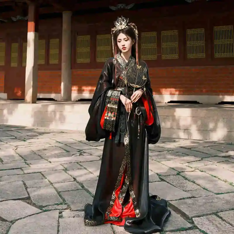 

Warring States Periods Double Layers Robe Women's Spring Summer Black Wide Sleeve Ancient Costume Immortal Heroine Hanfu Outfit