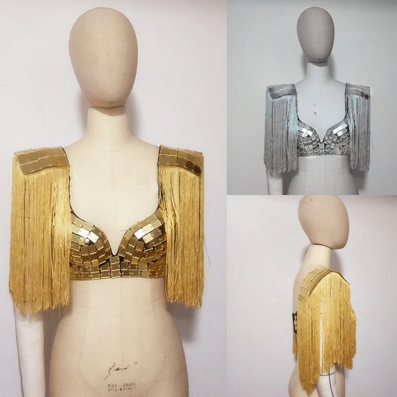 Gold Silver Tassel Epaulet Mirror Vest Waistcoat Sexy DJ Gogo Dance Costume Bar Singer Nightclub Stage Performance Rave Outfits