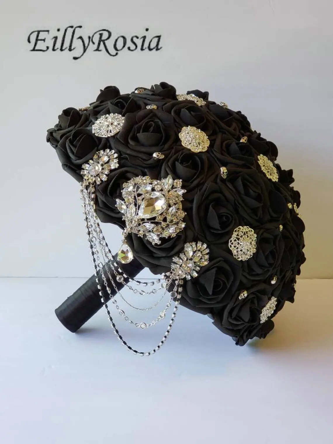 EillyRosia-broche de calavera con borlas de lentejuelas Jwelry, ramo de boda gótico negro para dama de honor, Boutonnieres, conjunto de ramillete