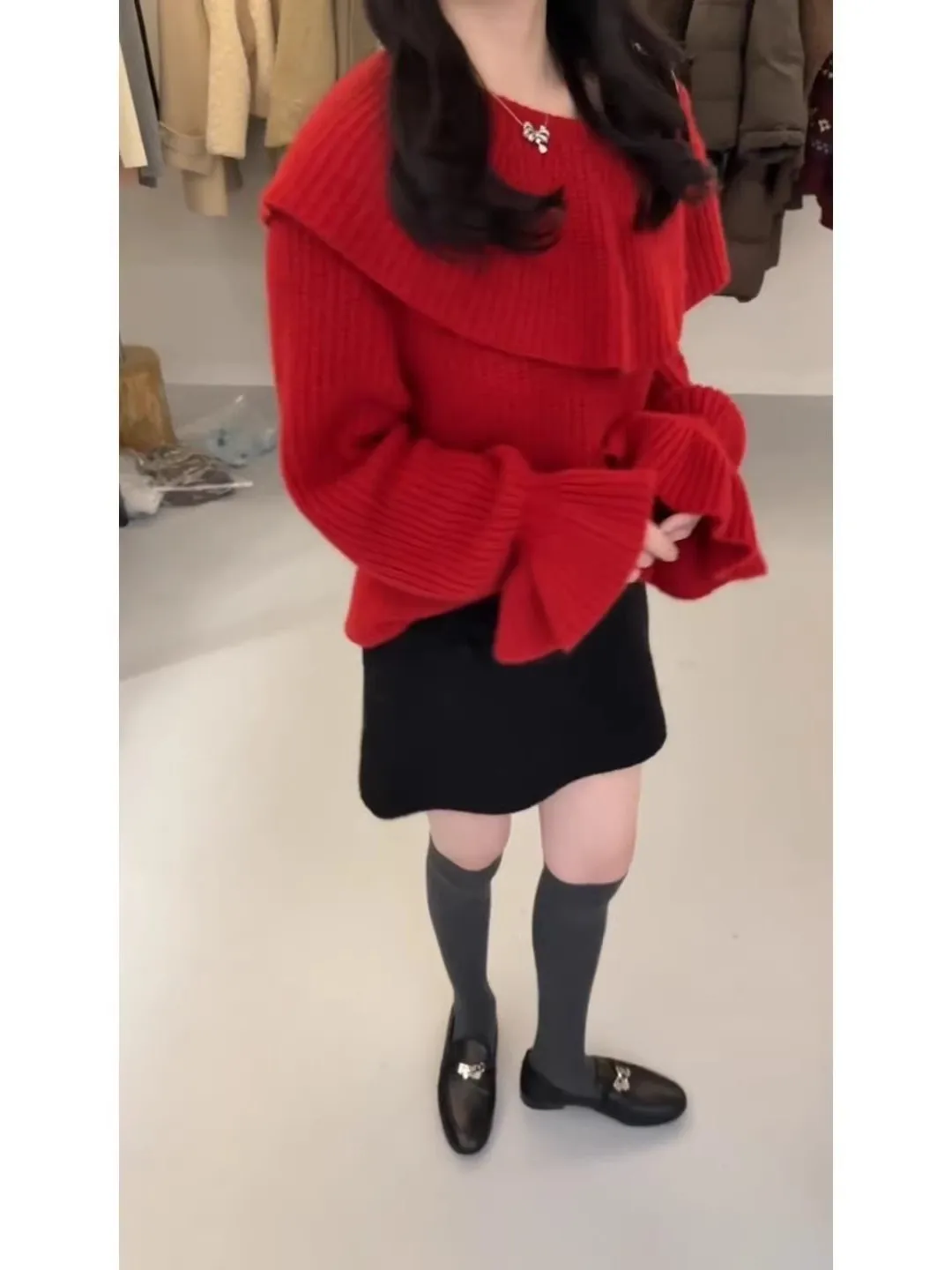 Suéter de malha solta vermelho com gola grande para mulheres inverno faion casual sle longo sve térmico confortável respirável