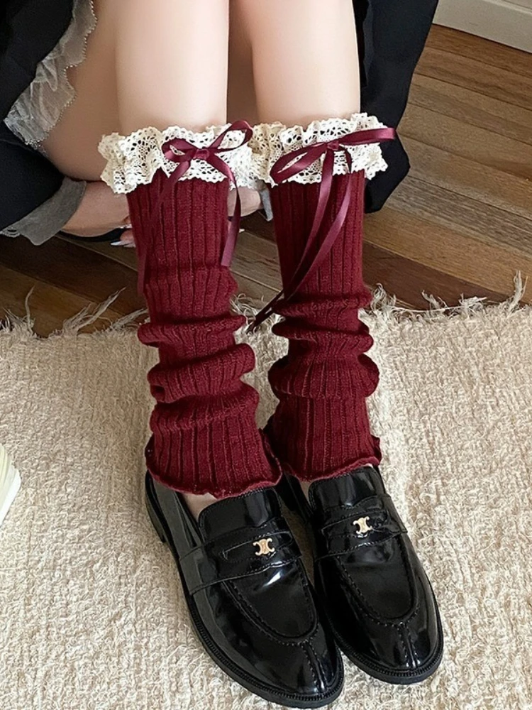 New Design Bow Wine Red Leg Warmers Autumn/Winter Women Ballet Style Lace Trim Stacked Socks Christmas Knitted JK Slouch Socks