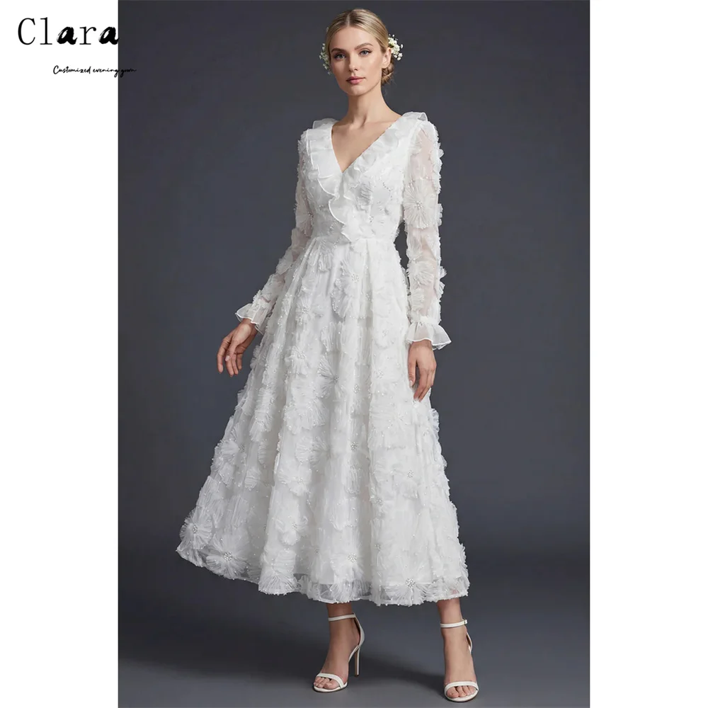 

Clara Custom A Line V-neck Long Sleeve Flower Elegant Evening Dresses for Woman Luxury Dresses for Prom Dress 2026 Party Women's