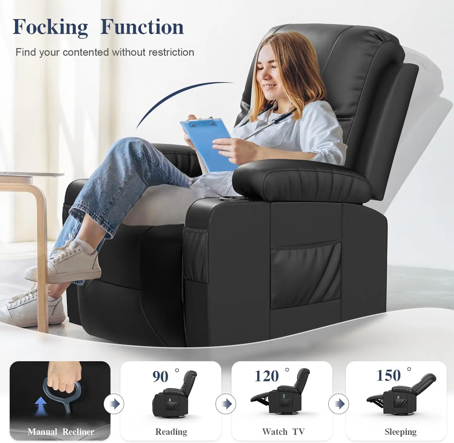 Chairs for Adults, Massage Rocker with Heated Modern Ergonomic Lounge 360 Degree Swivel Single Sofa Seat Living Room Lounge Recl