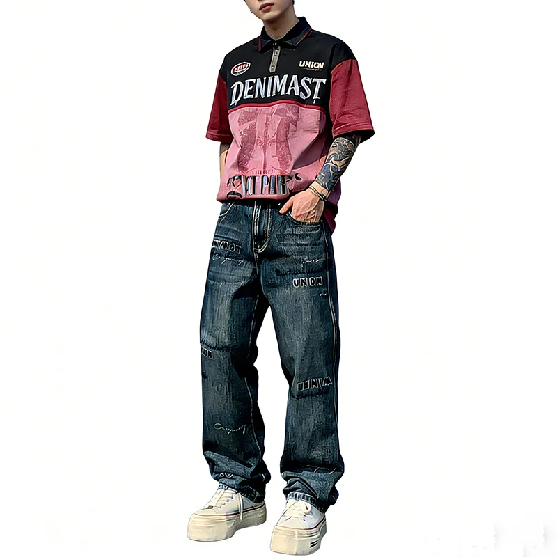 

Spring And Summer New Retro Straight Leg Jeans For Men Loose Wide Leg Pants Embroidered Letters Casual Pants