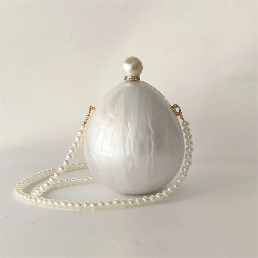 Lady Boutique Pearl White Egg Acrylic Box Oval Handbags Wedding Long Chain Messenger Bridal Gift Evening Purses Crossbody Bags