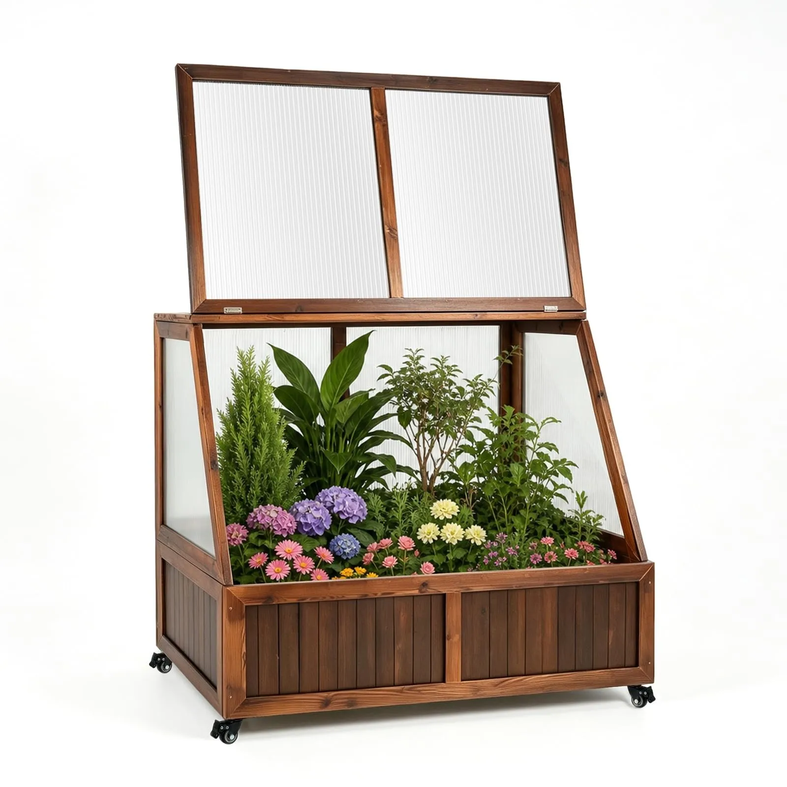 Wooden Cold Fe enhouse with Wheel, Chamber Fir Plant Cold Fe with Dual Independently Openable ‑Top Lids, Polyte Panels