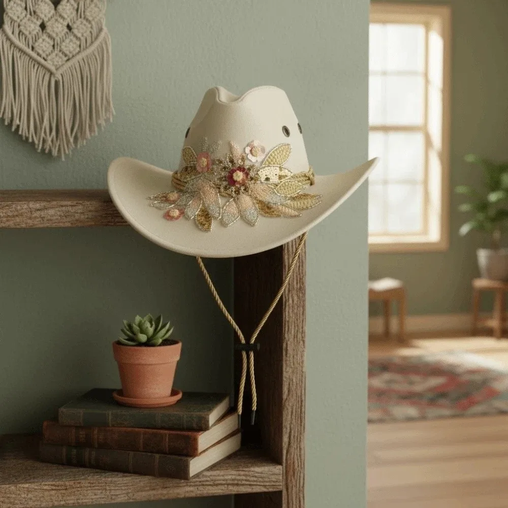 Wide Brim Western Cowboy Cap Embroidered Sequins Cowgirls Visor Cap Lightweight Woolen Tibetan Hat Horseback Riding