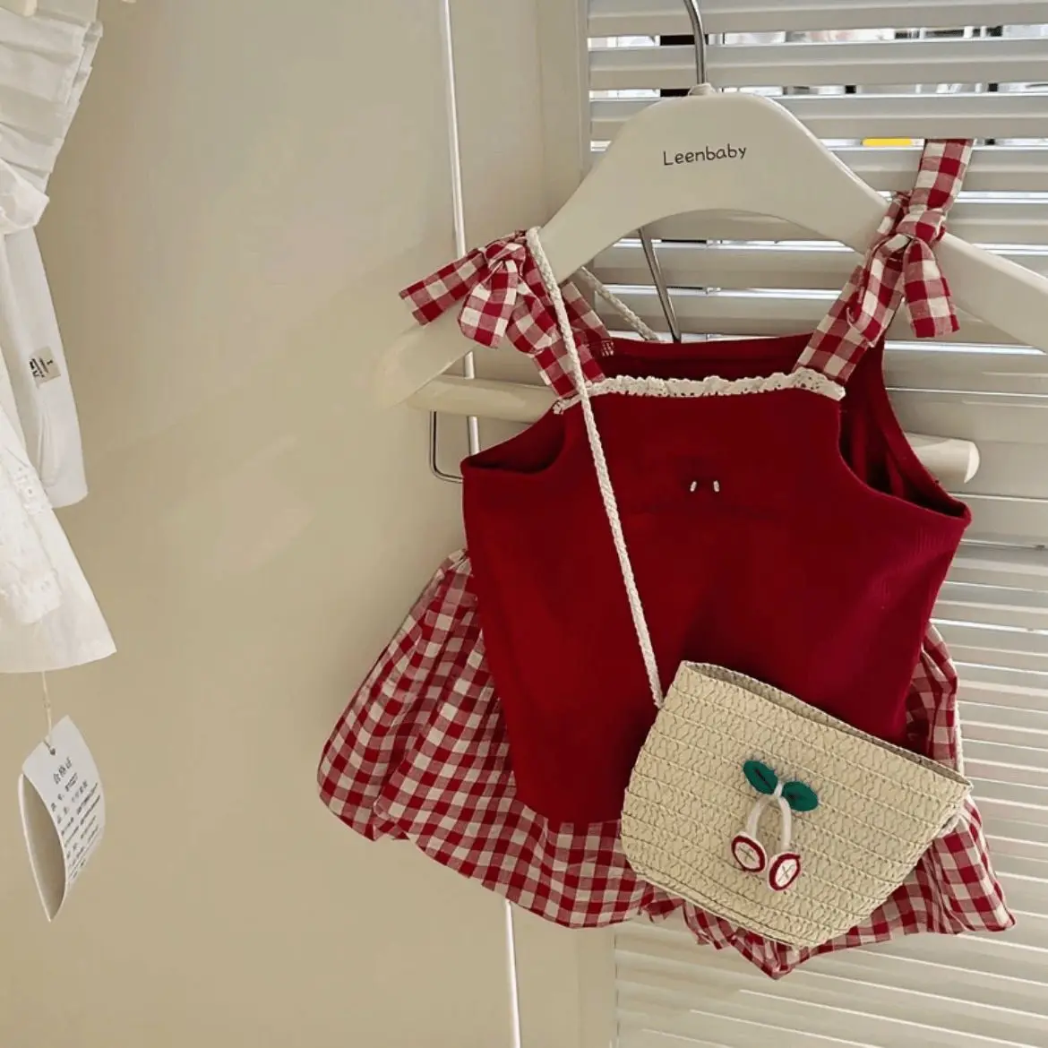 Girls Set 2026 Spring Summer New Korean Version Suspender Plaid Flower Bud Shorts Set Casual Daily Fashion