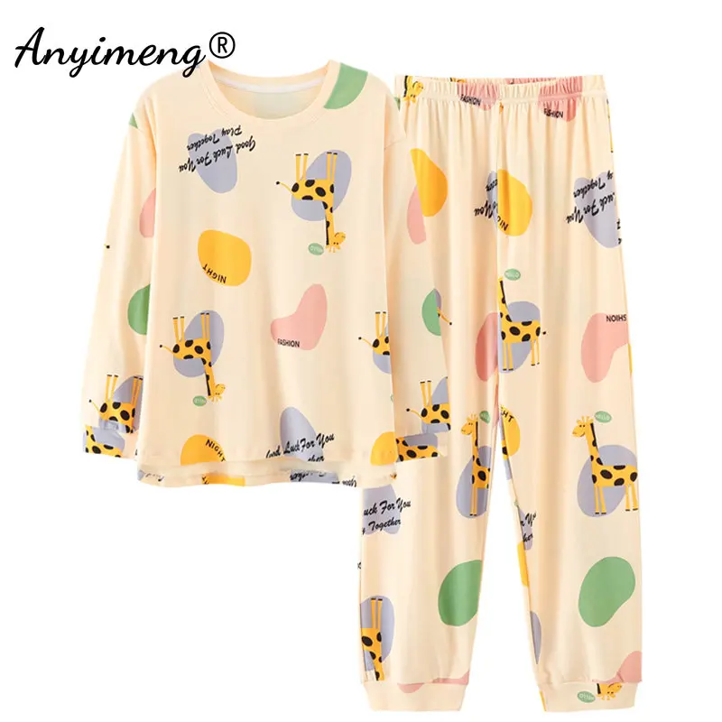 New Autumn Winter Trendy Pajamas Giraffe Printing Women Pijamas Round Collar Sleepwear Nightwear Cotton Loungewear for Girls