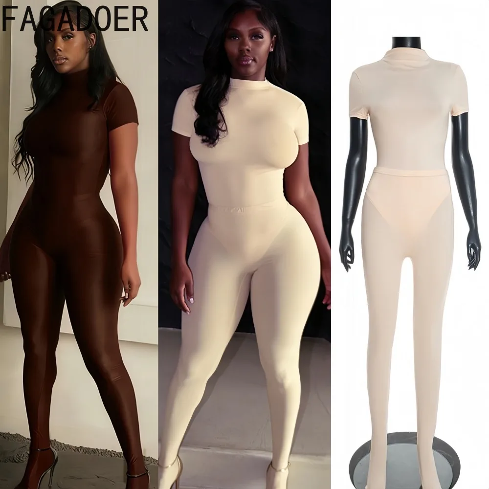 FAGADOER Sexy 2 Pieces Set for Woman Outfits Solid Color Short Sleeve Playsuits and Pants Matching Female Streetwear Overalls